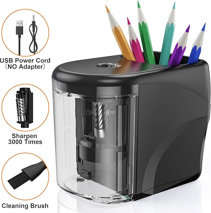 Electric Pencil Sharpener Heavy-Duty Helical Blade Sharpener USB/Battery Operated for No.2/ (6-8mm) Pencils with Auto Stop & Cleaning Brush in School/Classroom/Office (Black no Adapter)