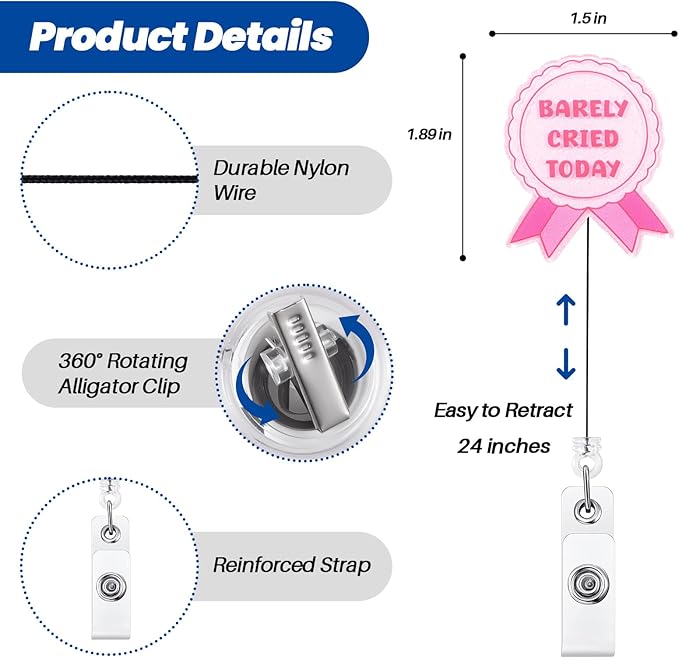 Barely Cried Today Funny Nurse Badge Reel, Cute Pink Ribbon Retractable ID Card Pediatric Badge Holder, Name Tag Medical Work Badge Clip for RN ER PM Critical Care Nurse Psychotherapist Mental Health