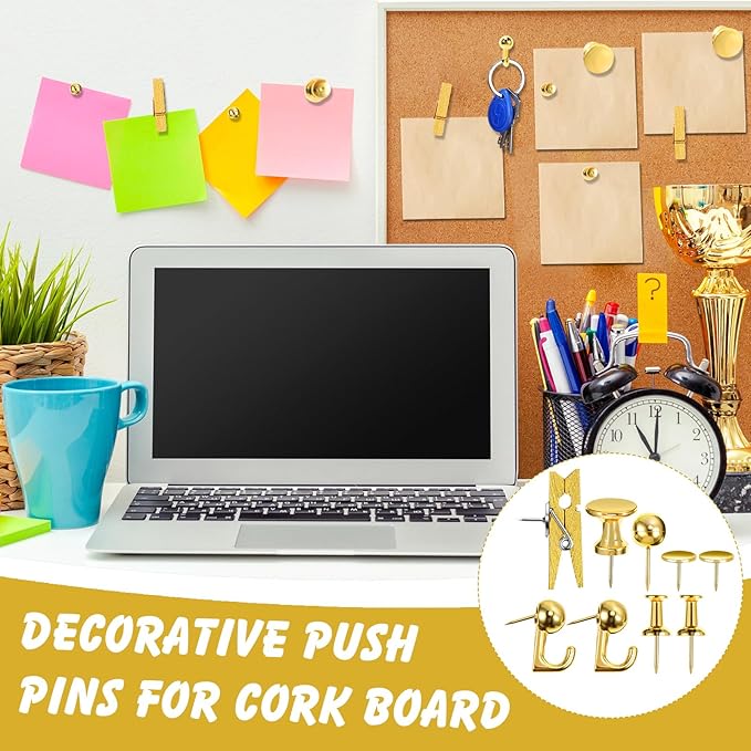 Sawysine 600 Pcs Decorative Push Pins, Gold Thumb Tacks 6 Types Cute Push Pin Clips for Bulletin Board Wall Cork Board Colorful Classroom Decor Teacher Must Haves Supplies School Crafts Project