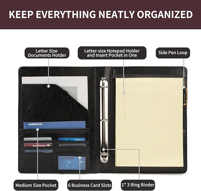 Geslun Personalized Vegan Leather 3 Ring Binder, Custom 8.5 x 11 Letter Size Folio with Pen Holder, Soft Notebook Portfolio Cover, Notepad Padfolio Organizer for Meeting, Black