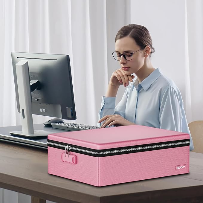ENGPOW Fireproof Document Box, Hard Case File Box with Fireproof Zipper＆Lock, 6400°F Heat Insulated Fire and Water Resistant File Organizer Storage Safe for Important Documents Laptop Cash, Pink