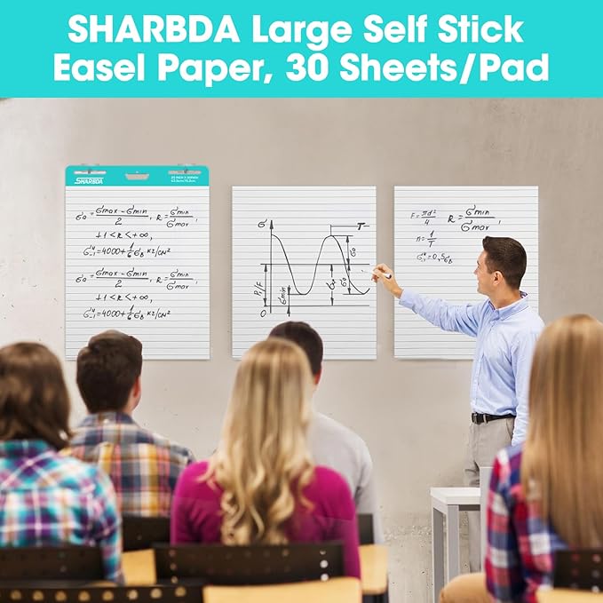 SHARBDA Sticky Easel Pad, 25 * 30 inch,Self-Stick Flip Chart Paper, Super Adhesive & Bleed-Resistant,Micro-Perforated Tear,Classroom Teacher Office Presentation Pads,4 Pads/Pack,120 Sheets