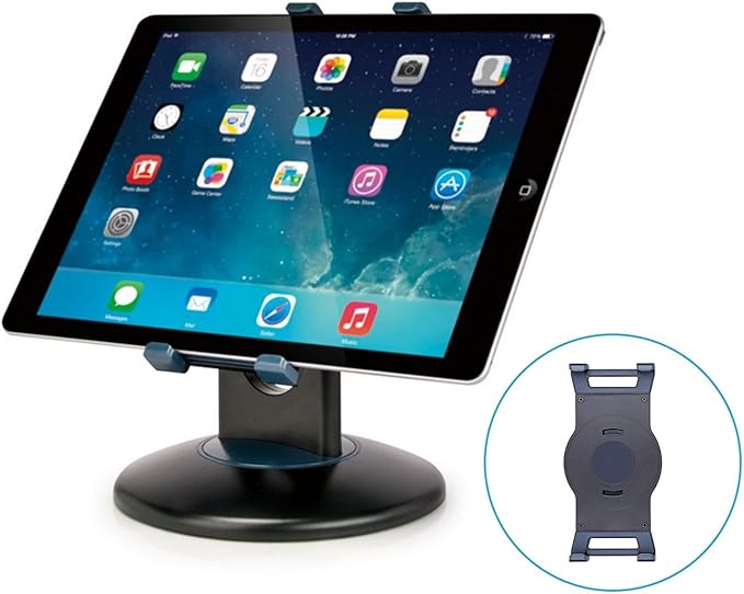 Premium 360° Rotating Tablet Stand for Desk – Adjustable Tablet Holder for 7.9” to 13” Devices, Swivel Weighted Base, Sturdy Black Metal iPad Stand for Office, Home, and Retail Display