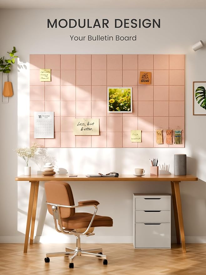 Bumusty Large Cork Board Alternative-36 x24 Felt Bulletin Board Tiles, with 30 Pushpins, 40 Adhesive Tabs, 6-Pack Slat Wall Paneling, Cork Boards for Office Push Pin Board Felt Board-Pink
