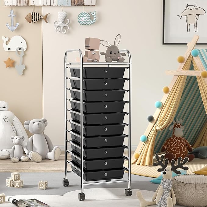 GLACER 10 Drawers Rolling Cart, Storage Cart with w/Removable Drawers & Steel Frame, Utility Mobile Trolley w/Universal Casters & 2 Brakes, Organizer Cart for Home, School, Office (Black)