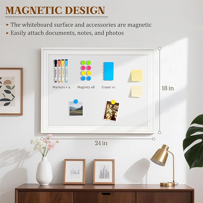 White Board for Wall, 24'' x 18'' Magnetic Dry Erase Board, Decorative Whiteboard with Plain White Wooden Frame, Hanging Writing Board for Home Office School Dorm
