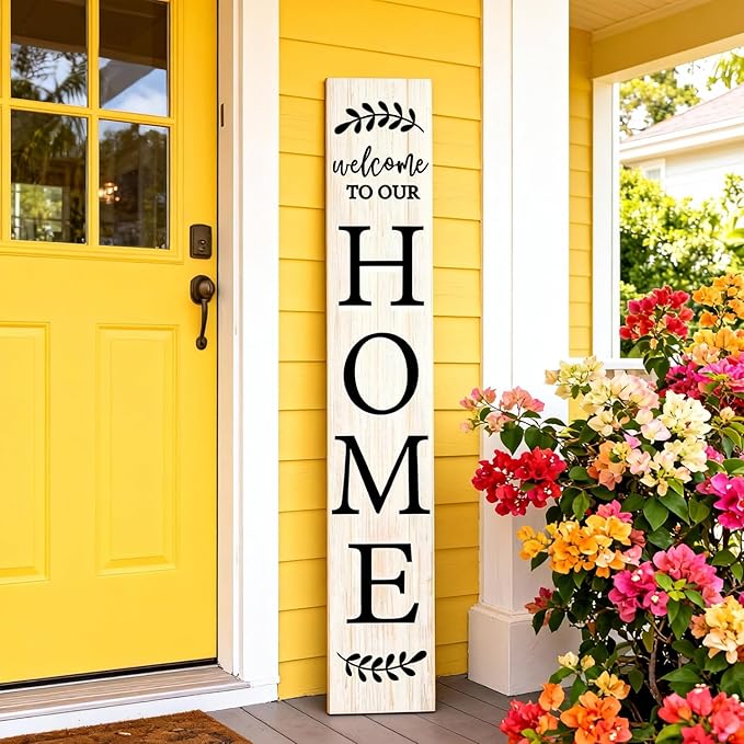 Welcome Sign for Front Porch, 47" Large Wooden Welcome to Our Home Sign Door Hanging Standing Plaque, Farmhouse Vertical Outdoor Porch Decorations for Yard Patio Entrance (White)