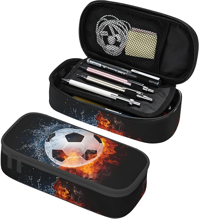 Boys Soccer Pencil Case with Water & Fire Pattern Print, Cool Black Pencil Box for Kids, Sports-Themed Canvas Storage Pouch Marker Pen Organization Bag, Portable Desk Office Organizer Travel Bag
