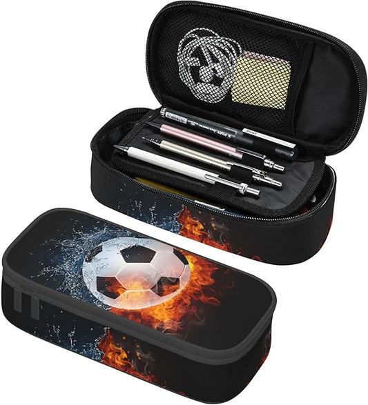 Boys Soccer Pencil Case with Water & Fire Pattern Print, Cool Black Pencil Box for Kids, Sports-Themed Canvas Storage Pouch Marker Pen Organization Bag, Portable Desk Office Organizer Travel Bag