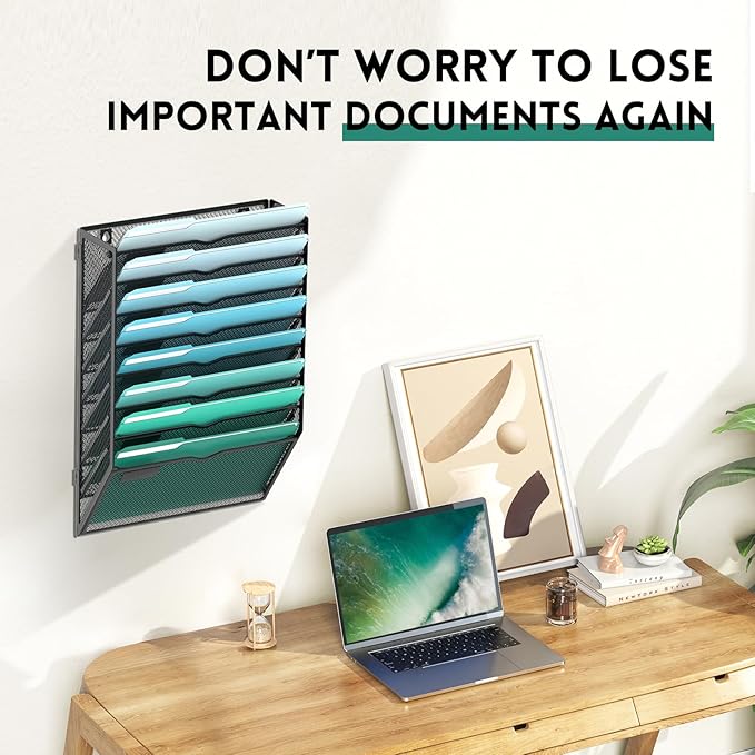 SUPEASY 8-Tier Wall File Organizer, Hanging Wall Files for Papers, Folders, Magazines, Wall Organizer for Clipboard, Assembly Needed, Black, 2 Pack