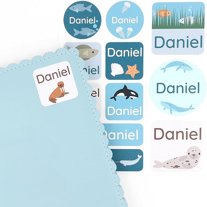 Large Name Labels for Kids (33) - Custom Stickers for Daycare and School Supplies - Durable, Waterproof Stickers for Water Bottles, Lunch Boxes, and More with Unique Designs - The Sea