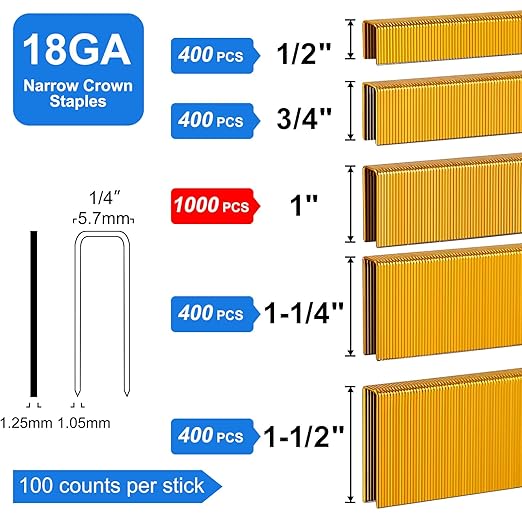 SimCos 18 Gauge 1/4" Narrow Crown Staples, Galvanized Upholstery Staples for 18 GA Pneumatic or Electric Stapler or Staple Gun (1/2"+3/4"+1"+1-1/4"+1-1/2" -2600 pcs)