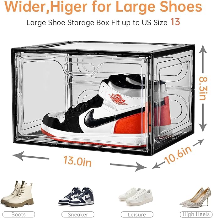 Amllas New Gray 8 Pack Shoe Boxes Stackable, Large Shoe Storage Organizer with Lids,Drop Side Shoe Containers for Entryway,Sneaker Storage Fit up to US Size 13 for Men/Women(13’’x 10.6”x 8.3”)