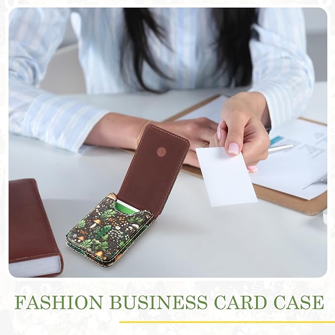 Outus 2 Pieces Business Card Holder, PU Leather Business Card Case Pocket Wallet with Magnetic Shut for Valentines Gift Men Women(Soft,Mushroom and Black Cat)