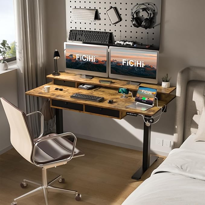 FiCiHi Adjustable Height Standing Desk with 4 Drawers,63 x 30 inches Electric Sit Stand Home Office Desk with Two Tiers, 3 Memory Presets, Monitor Stand Riser, USB A/C Charging Port