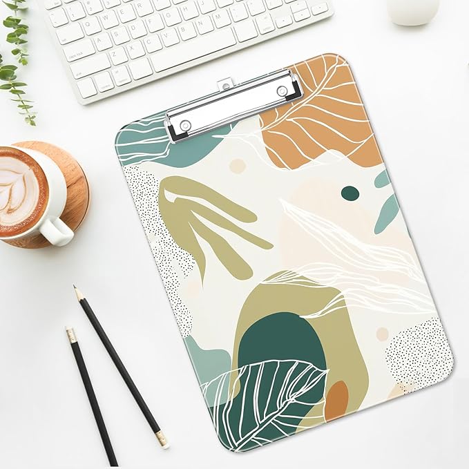 Luminzo Plastic Cute Clipboard Low-Profile Metal Clip, A4 Letter Size 9 x 12.5 in, 8.5 x 11 Paper Clip Board for Teachers, Nurses, Classroom,Boho Leaves