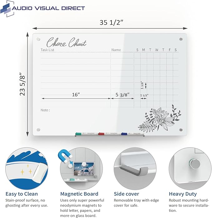 Audio-Visual Direct Magnetic Weekly Planner Dry-Erase Board for Wall - 24" x 36" - (Chore Chart, White)