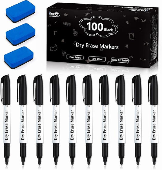 Lineon 100 Bulk Pack Black Whiteboard Markers with 3 Erasers, Fine Point Dry Erase Markers Perfect For Writing on Dry-Erase Boards, Glass for School Office Home