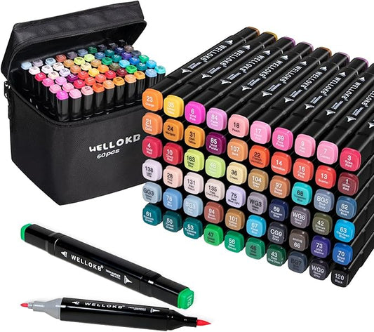 WELLOKB Alcohol Markers Set, 60 colors Alcohol Based Dual Tip, Fine and Brush Tip for Adult Coloring Books, Drawing, Sketching