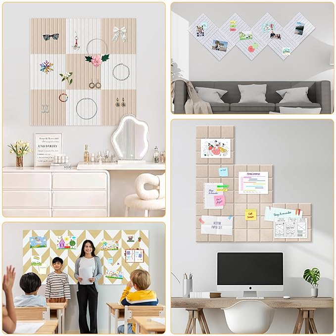 Smarpau Large Cork Board for Walls, 48"x36" Bulletin Board, 12 Pack Slat Felt Wall Tiles with Pushpins Removable Security Tabs, Pin Board for Office Wall Organizer Protector -Light Camel