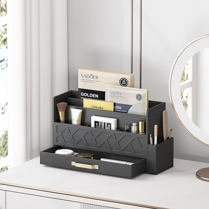 Wisuse Desk Mail Organizer with Drawer - Bamboo Wooden File Bill Sorter Storage Box for Desktop, Letter Countertop Holder for Home Office School Organization Tabletop Accessories Supplies (Black)