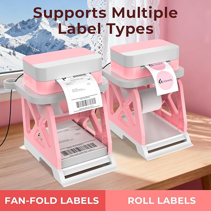 Guermok 3-in-1 Thermal Label Holder Stand for Printer – Desk Organizer for Roll & Fan-Fold Labels, Cable Management, Easy Assembly for Home, Office, Retail & Small Business(Pink)