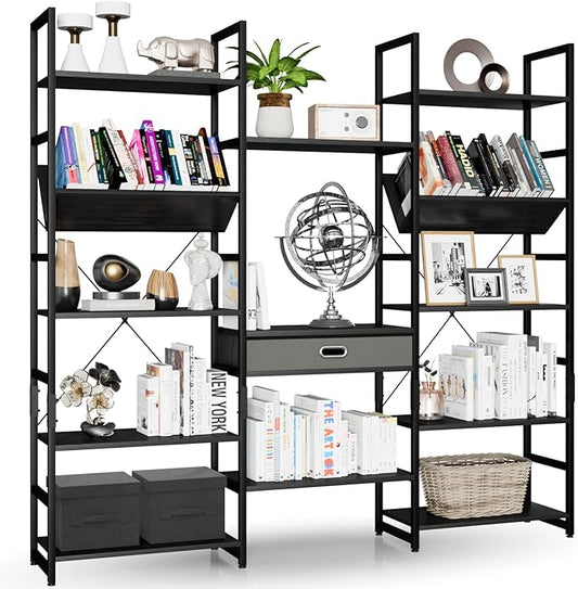 NUMENN Triple Wide 5 Tier Bookshelf, Adjustable Rustic Industrial Style Book Shelves, Modern Bookcases and Bookshelves Furniture for Bedroom, Living Room and Home Office, Elegant Black