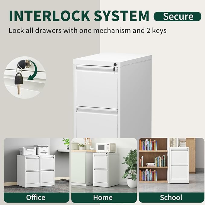 Yukimo 3 Drawer File Cabinet with Lock, Vertical File Cabinet with Lock, Locking File Cabinet Hanging Files for A4/ Legal/Letter,White