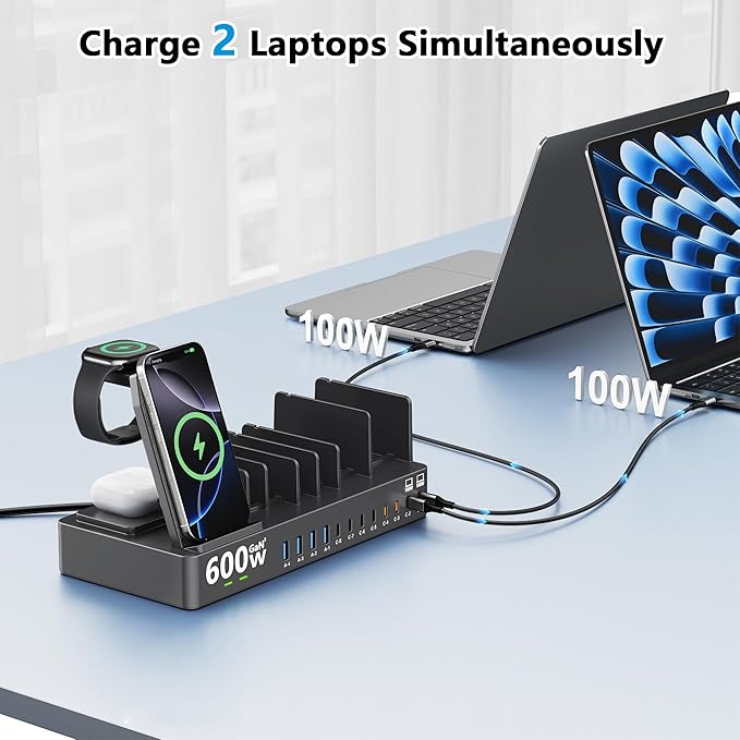 600w Charging Station for Multiple Devices, 15 in 1 Wireless Charging Station for Apple, Dual 100w USB C Tablet Charging Station for MacBook,iPhone,iPad,Tablet(Black)