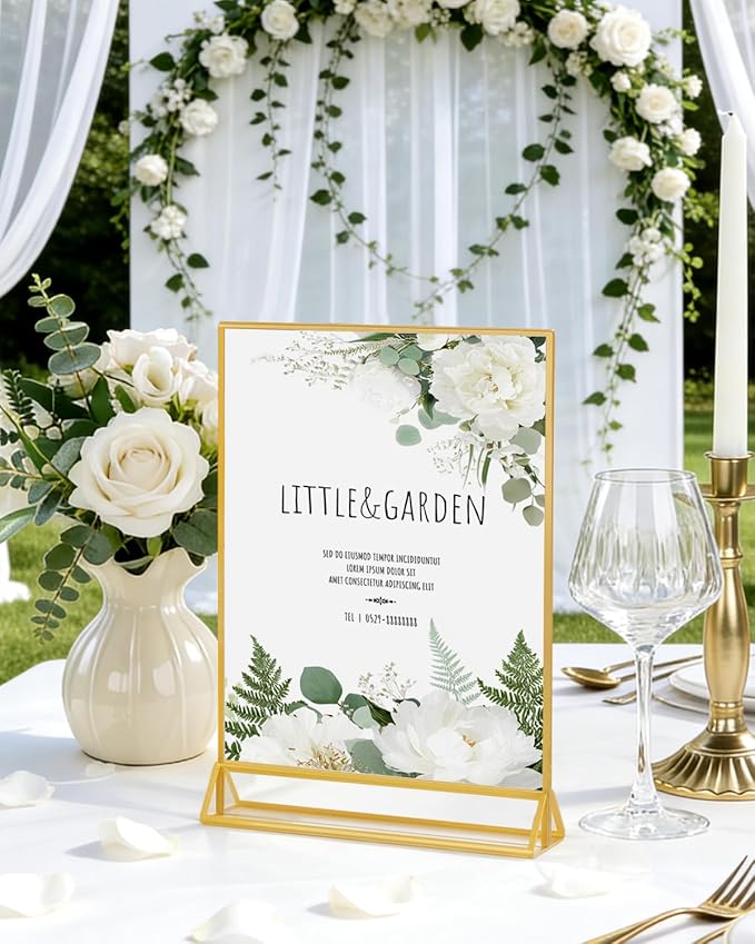 Dynta Acrylic Sign Holder 8.5x11 8pck Clear Table Display Stands Double Sided Table Sign Holders, Menu Holder for Wedding, Party, Office, Store, Home Use (Gold Frame)