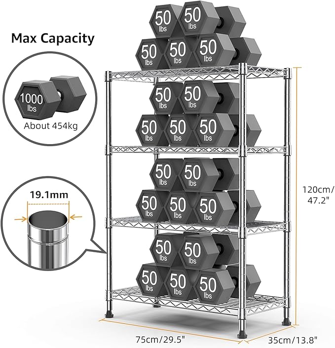 M MZG 1000 lbs Storage Shelving Steel Heavy Duty 4-Tier Utility Shelving Unit Steel Organizer Wire Rack for Home,Kitchen,Office,Chrome (13.7" D x 29.5" W x 47.2" H)