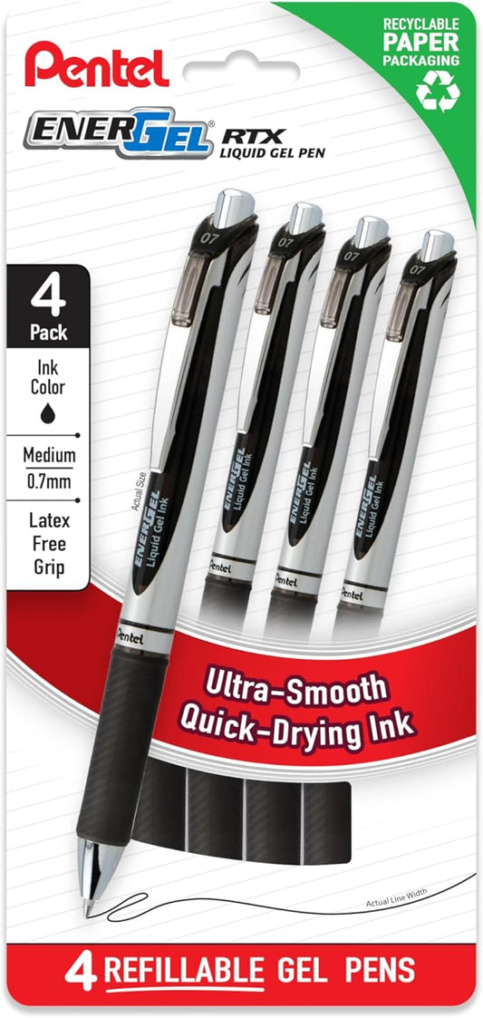 Pentel EnerGel RTX Liquid Gel Pens, Medium (0.7mm), Black Ink, 4-pk (BL77PF4A)