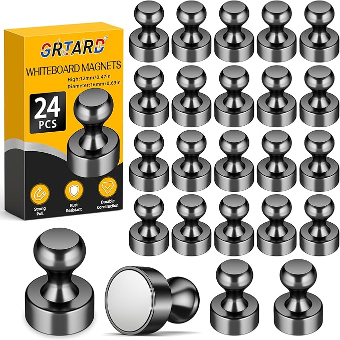 Grtard 24 Pack Magnetic Push Pins, Fridge Magnets for Whiteboard, Whiteboard Magnets Refrigerator Magnets, Small and Strong Push Pin Magnet for Office, School, Locker, and Map Magnet