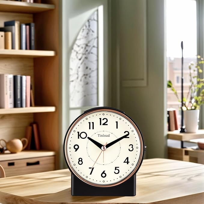Tinload 4.3" Retro Analog Alarm Clock, Vintage Decor, No Ticking Silent, Easy to Set, Gradual Rise Alarm, On/Off Switch on Side, Gentle Wake, Snooze, Lighted on Demand, Battery Operated, Retro Black