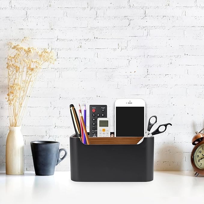 SZYRL Stylish Desk Organizer and Remote Control Holder in Black - Keep Your Workspace Tidy and Organized, Multi-Purpose Storage for Office Desktop Coffee Table Bedside Nightstand