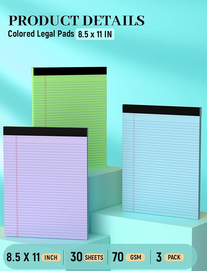 Aidunmis Colored Legal Pads, 3 Pack Writing Pads 8.5 x 11, Note Pads 8.5 x 11 College Ruled, Easy Tear-Off, Note Pads Lined Paper Pads 8-1/2 x 11 Notebook Paper for Office Supplies, 30 Sheets/Pad