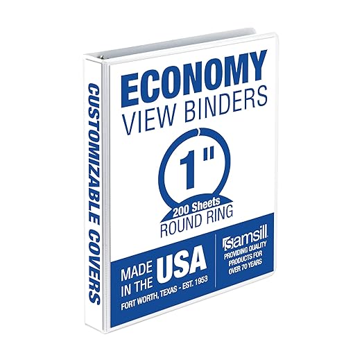 Samsill 1 Inch 3 Ring Binder, Made in USA, Economy Round Ring, Clear View Cover, 200 Sheet Capacity - for School, Home, Office - Pearl White