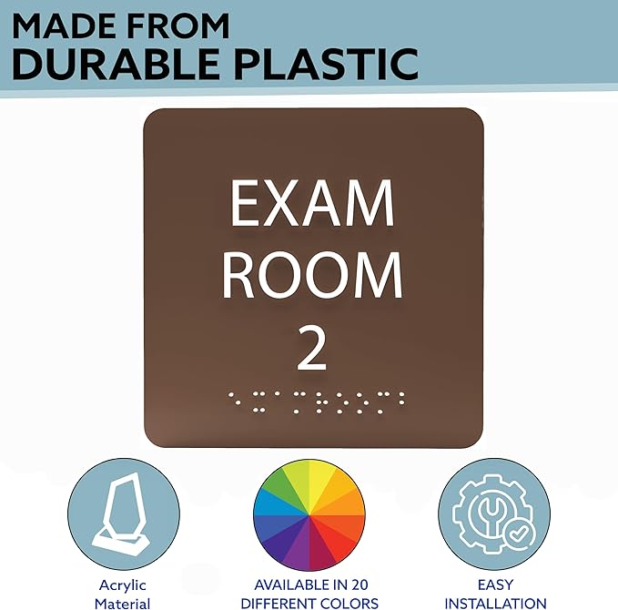 ADA CENTRAL SIGNS - 6" X6" Exam Room 2 Sign - ADA Compliant Tactile Graphics Grade 2 Braille Text Acrylic Wall Signs - Educational Institution Directional Assistance Test Center Door Sign for Schools