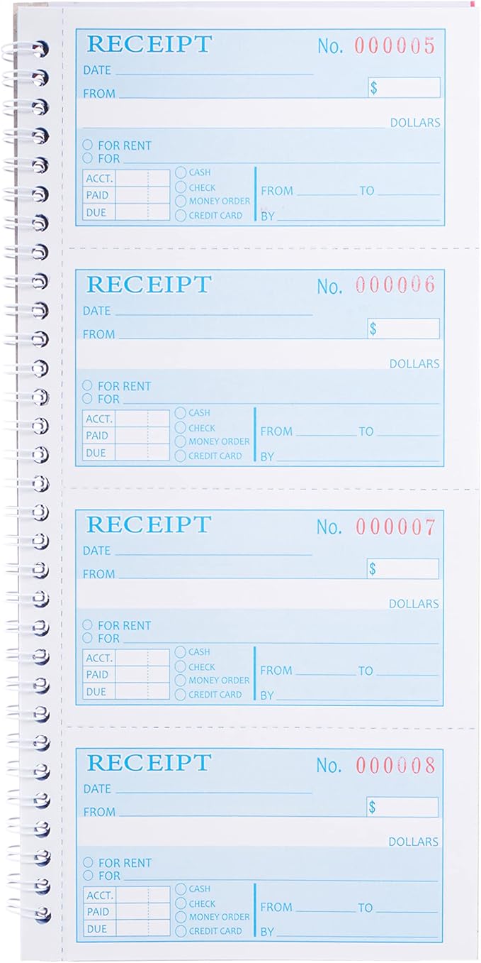 Receipt Book with Carbon Copies,Money and Rent Receipt Book,2-Part Carbonless,5.31" x 11.22",Spiral Bound,200 Sets per Book,4 Receipts per Page.
