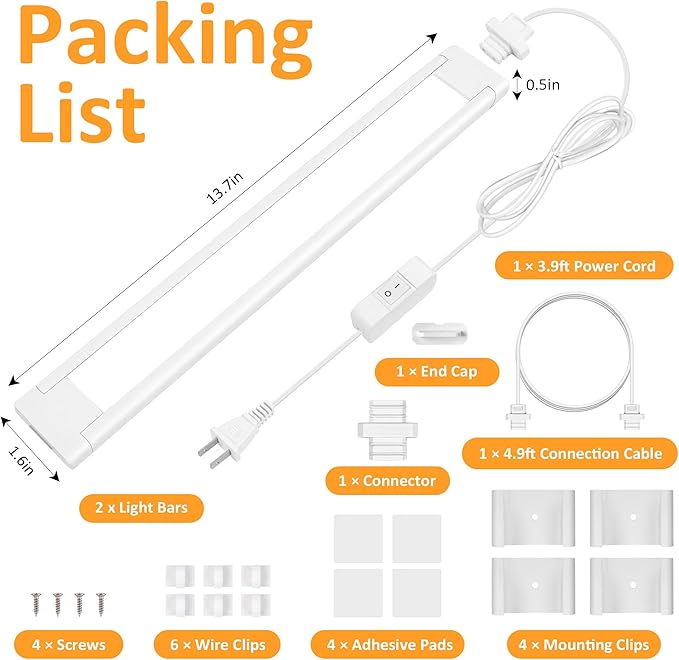 maylit Under Cabinet Lighting Plug in, 2Pcs 14 Inch Linkable Ultra Bright LED Light Bars, Renter Friendly Lamp, Wired 110V 120V Indoor Lights for Kitchen Cabinet, Counter, Workbench, Shelf, Warm White