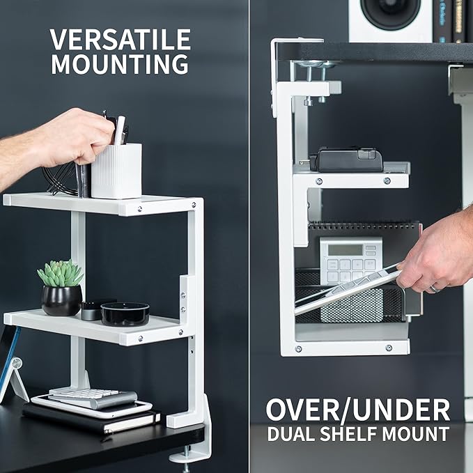 VIVO Clamp-on 13 inch Above or Below Desk 2-Tier Shelving Unit for Table Accessories, Gaming Devices, and More, Storage Tray, Desktop Organizer, White, STAND-SHELF2CW