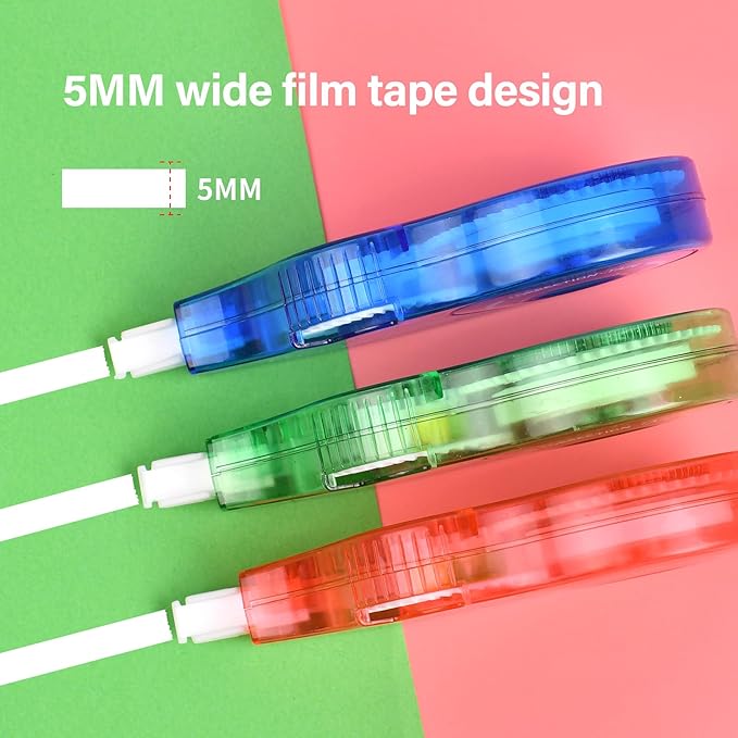 Unjoo White Correction Tape, Easy To Use Applicator, Fast Clean Tear-Resistant Tape For school Supplies, Office (9-pack, 5M/196, Red, Green, Blue, Tape Width 0.2in)