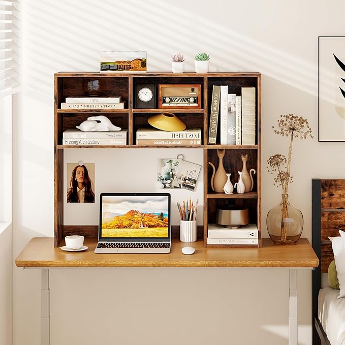 Tangkula Desktop Bookshelf, 37" Countertop Storage Hutch with 7 Cubes & 3 Adjustable Shelves, 3-Tier Desk Display Rack Organizer, Multipurpose Wood Desktop Hutch for Dorm Home Office (Rustic Brown)