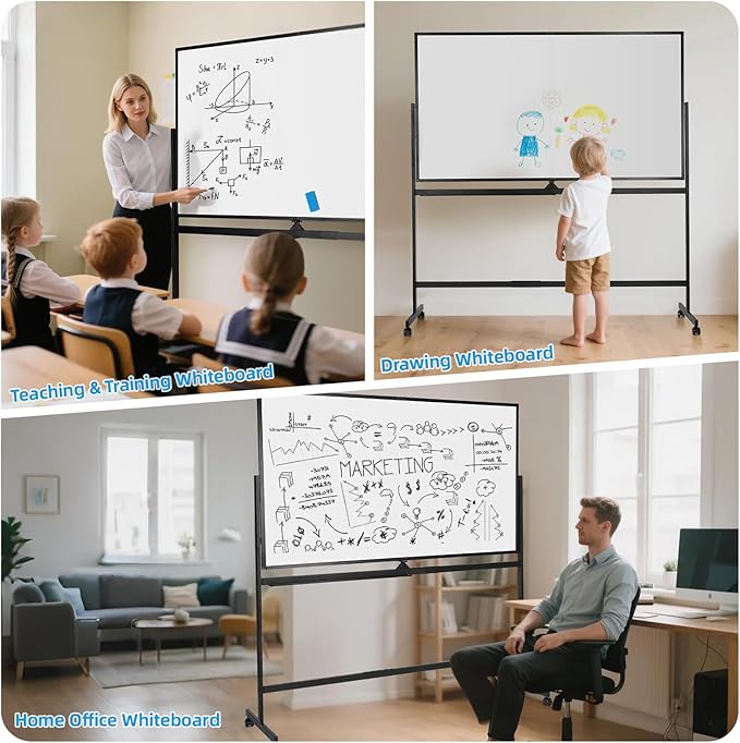 VOWNER Double-Sided Magnetic Whiteboard, 72" x 40" Large Mobile Dry Erase Board, Reversible Rolling White Board with Aluminum Frame & Stand, for Home Office, Classroom, School, Black