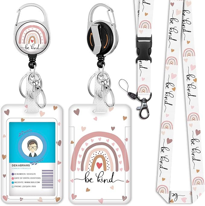 Be Kind Lanyards for Id Badges, Cute Rainbow Badge Reel Heavy Duty with Carabiner Clip, Fashionable ID Badge Holder with Breakaway Lanyard, Teacher Nurse Office Christmas Gifts