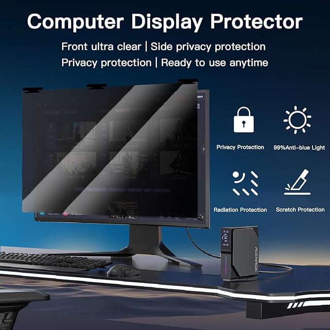 24 Inch Magnetic Hanging Computer Privacy Screen for 16:9 Widescreen Monitor, Removable Privacy Screen Anti Glare Blue Light Computer Screen Privacy Shield, Anti-Scratch 24in Protector Film