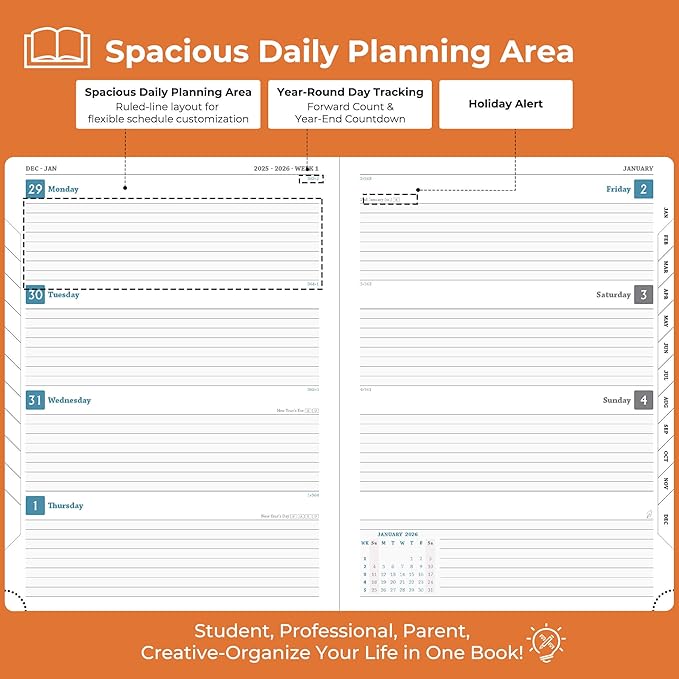 IN-LUXPRO Planner 2026 Daily Weekly and Monthly,11.5"x8.5",12 Months Spiral Bound Calendar Agenda with Self-adhesive Pen Holder,2026 Appointment Book with Vegan Leather Soft Cover,Orange