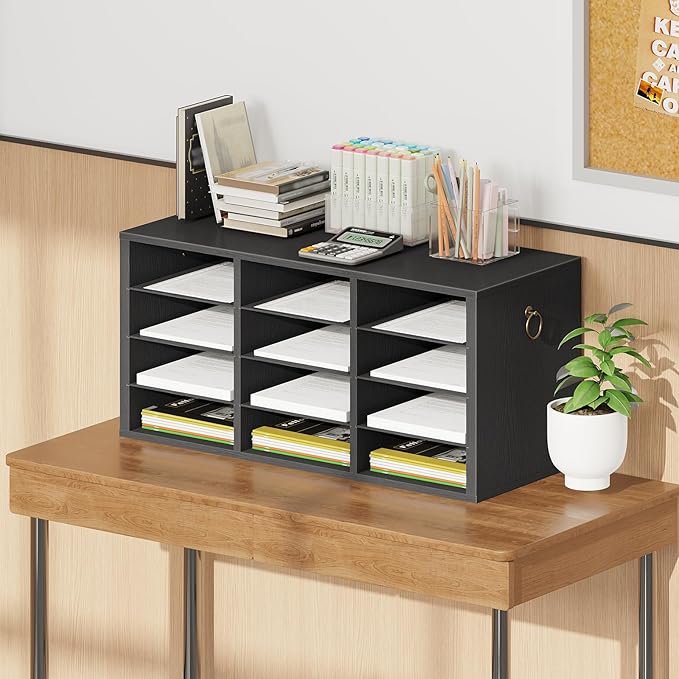 HOOBRO Countertop Mail Sorter, Wooden Literature Organizer, Student Mailbox for Classroom, Desktop Organizer for Office Home School, 12 Compartments Black BK43WF01