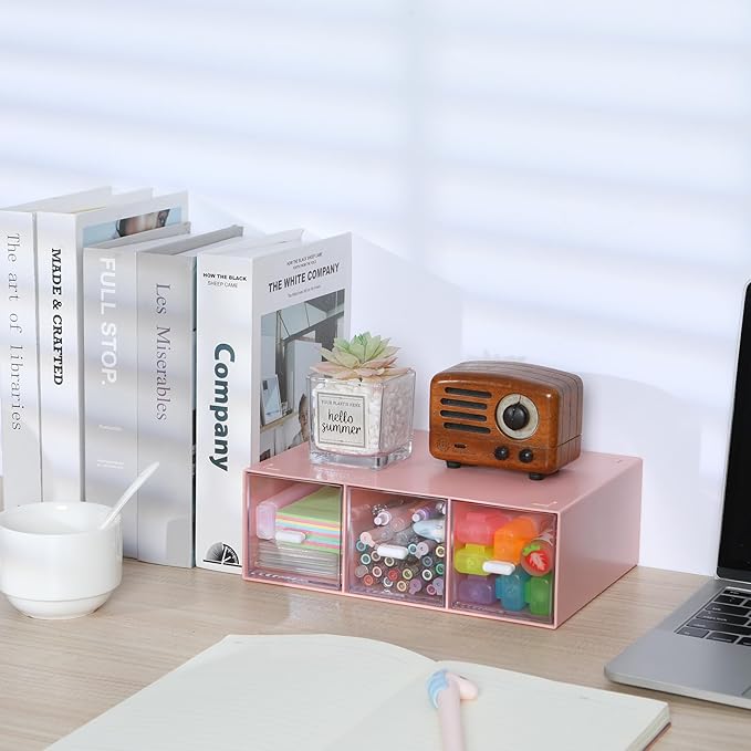 OSteed Desktop Drawers, Desk Organizer with 3 Drawers, Stackable Plastic Storage Box for Home Collection, Cosmetics, Jewelry, Office Supplies (1 Tall Layer, Pink)