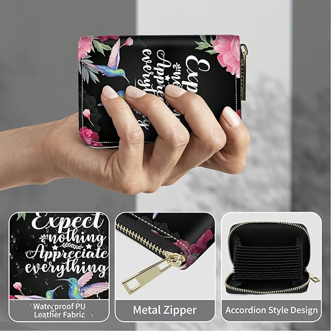 BWEGRHE Cute Credit Card Holder with Zipper, Humingbird Flower RFID-Blocking Card Case Small Wallet for Women Men, Multi-slot Card Organizer Case Travel Accordion Wallet